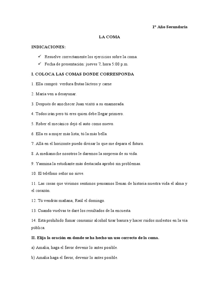 Ejercicios sobre el uso de la coma | PDF