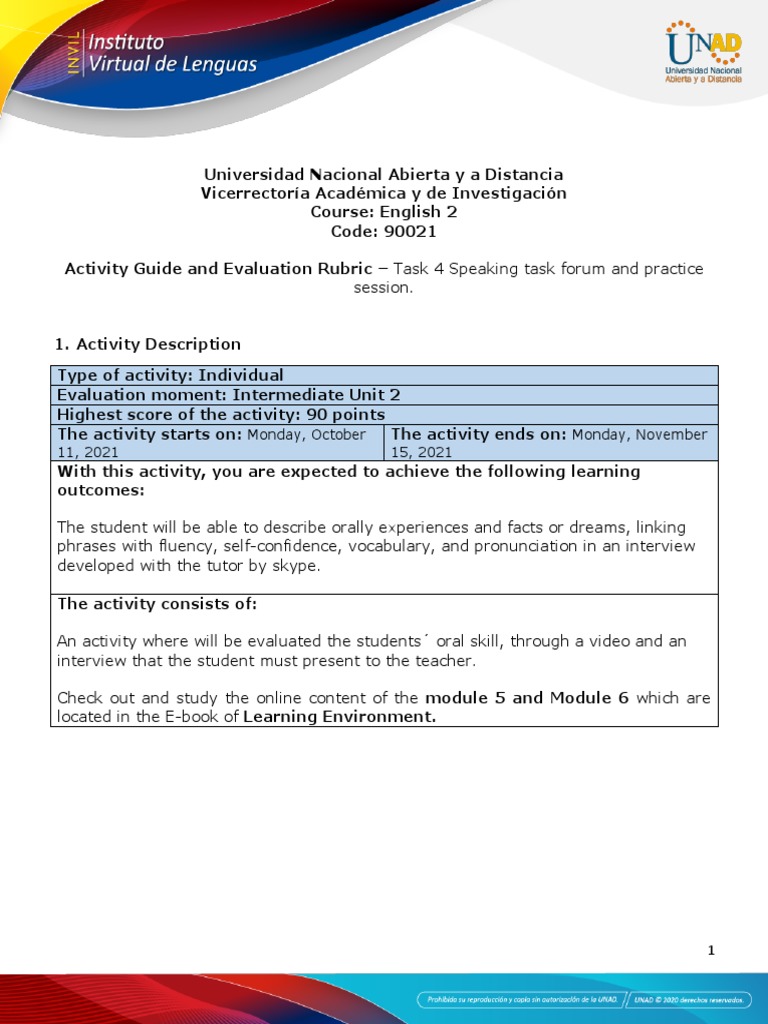 Speaking Task Guide for English 2 | PDF | Turnitin | Cognition