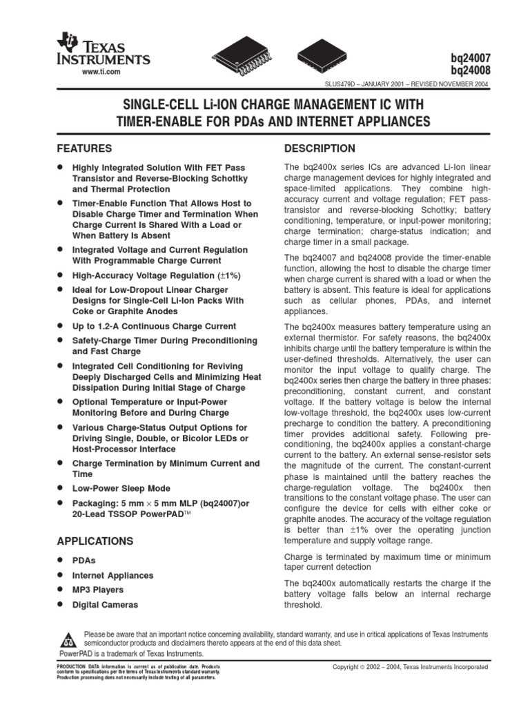 bq24007 Datasheet 1 | PDF | Lithium Ion Battery | Electronic Engineering