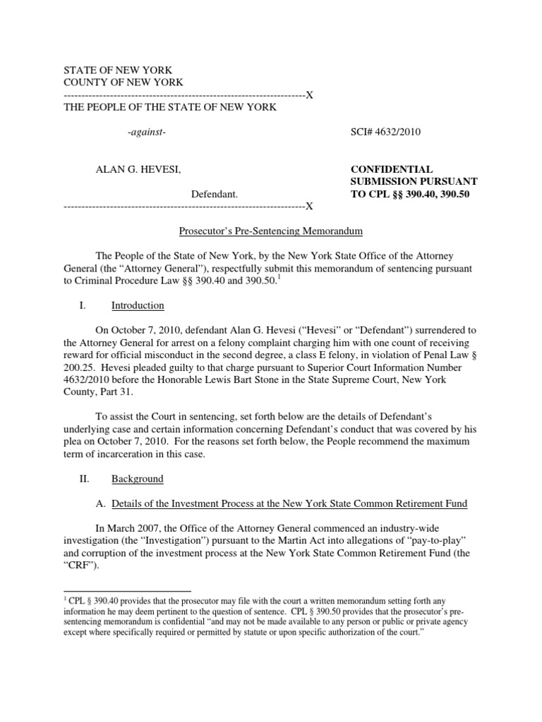 New York Prosecutor's Memo on Hevesi Case | PDF | Plea | Fiduciary