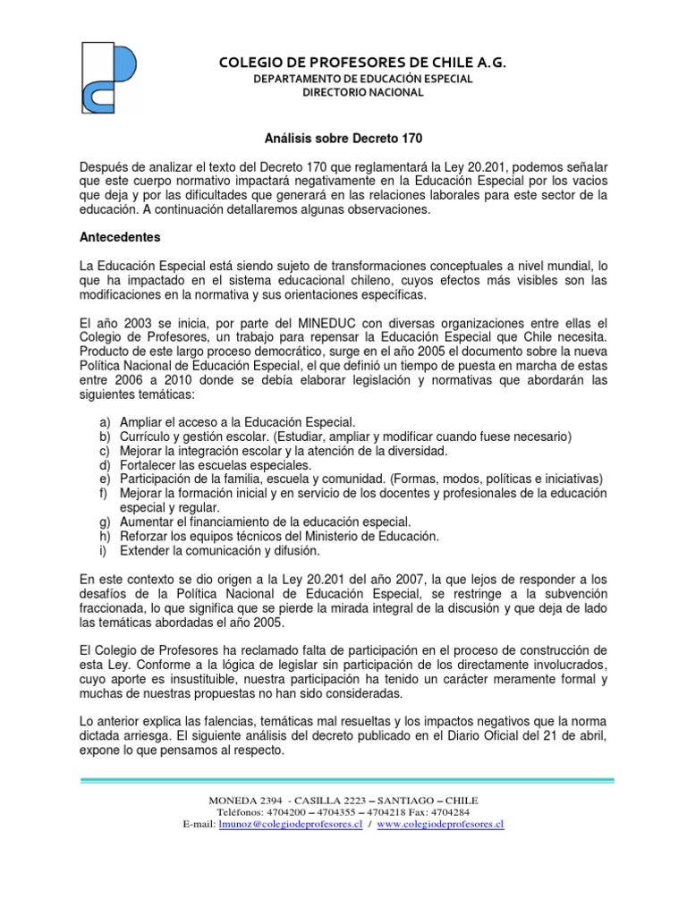 Análisis Sobre Decreto 170 | PDF | Educación especial | Espectro autista