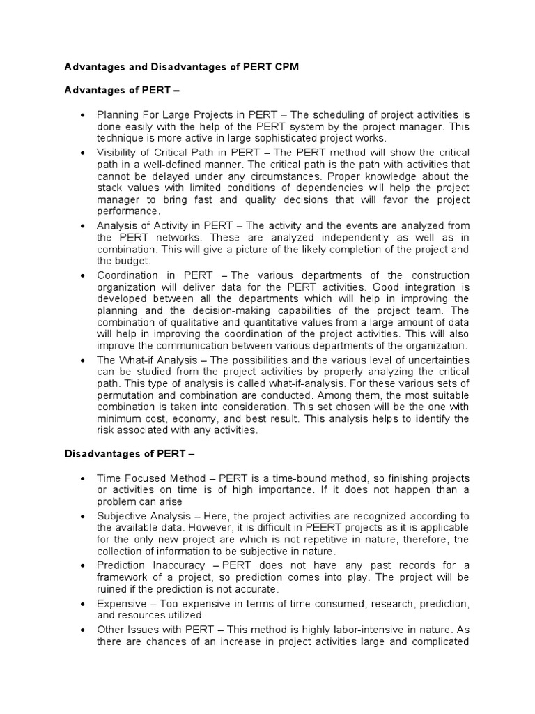 Advantages and Disadvantages of PERT CPM Advantages of PERT | PDF ...