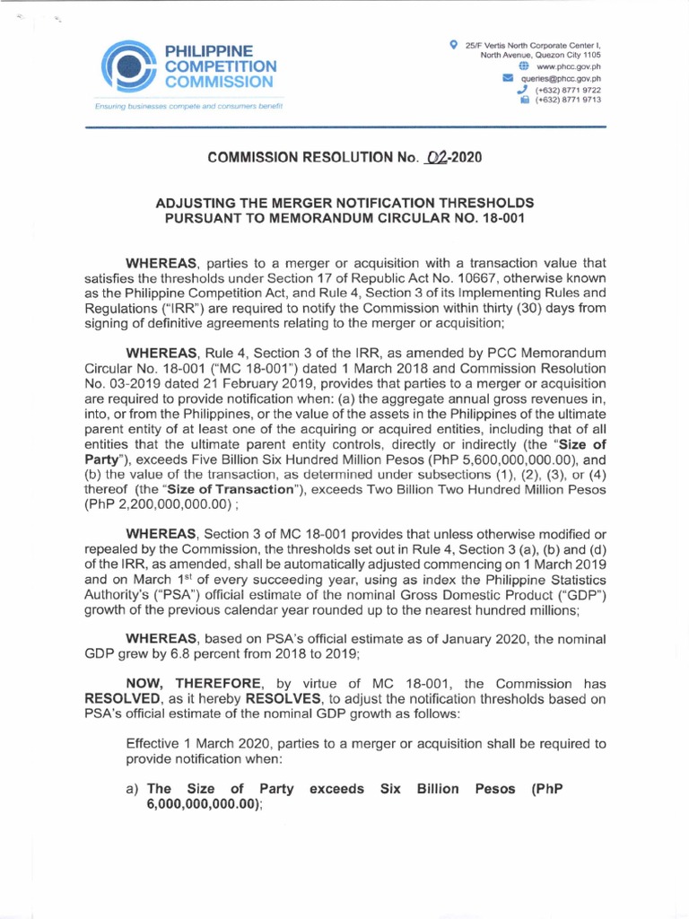 Merger Adjustment Thresholds Philippine Competition PDF Mergers And