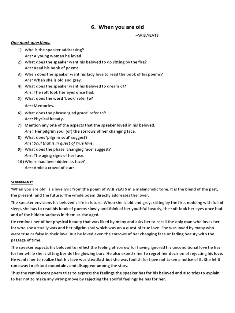 When You Are Old PDF Love W. B. Yeats