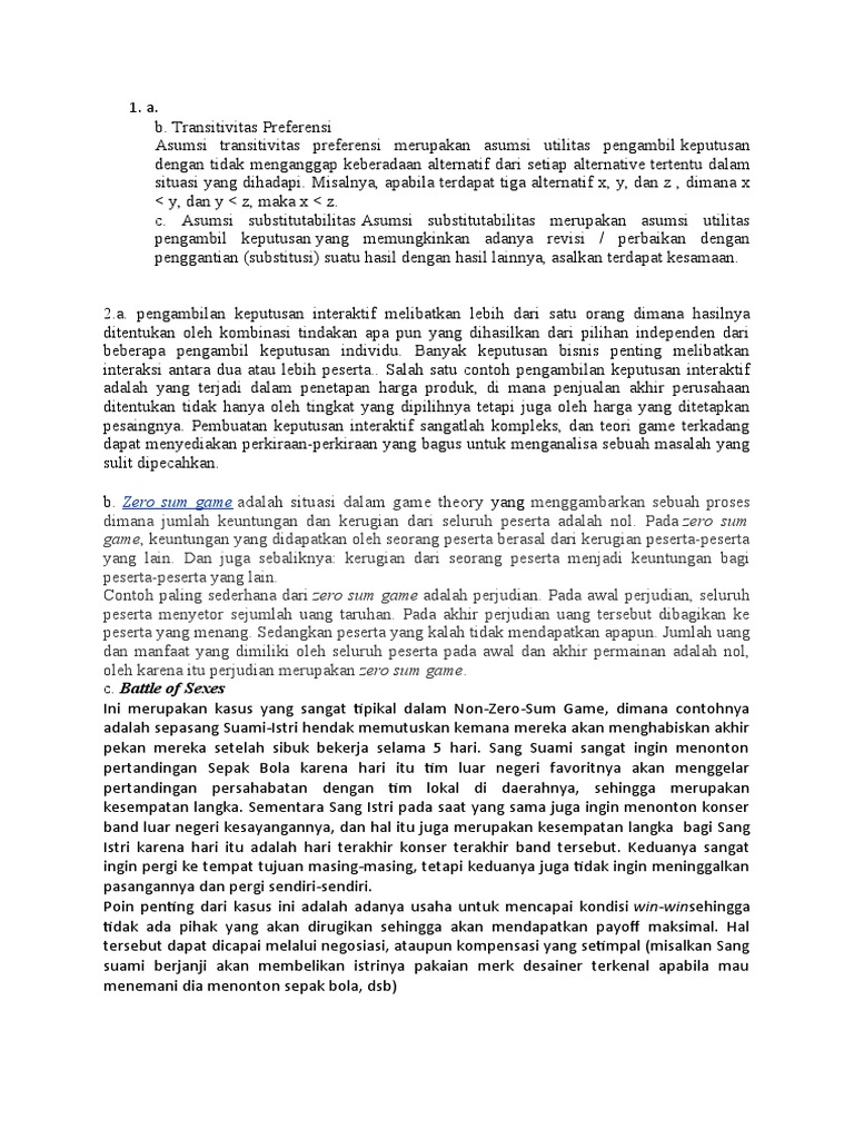 Zero sum game adalah situasi dalam game theory pdf