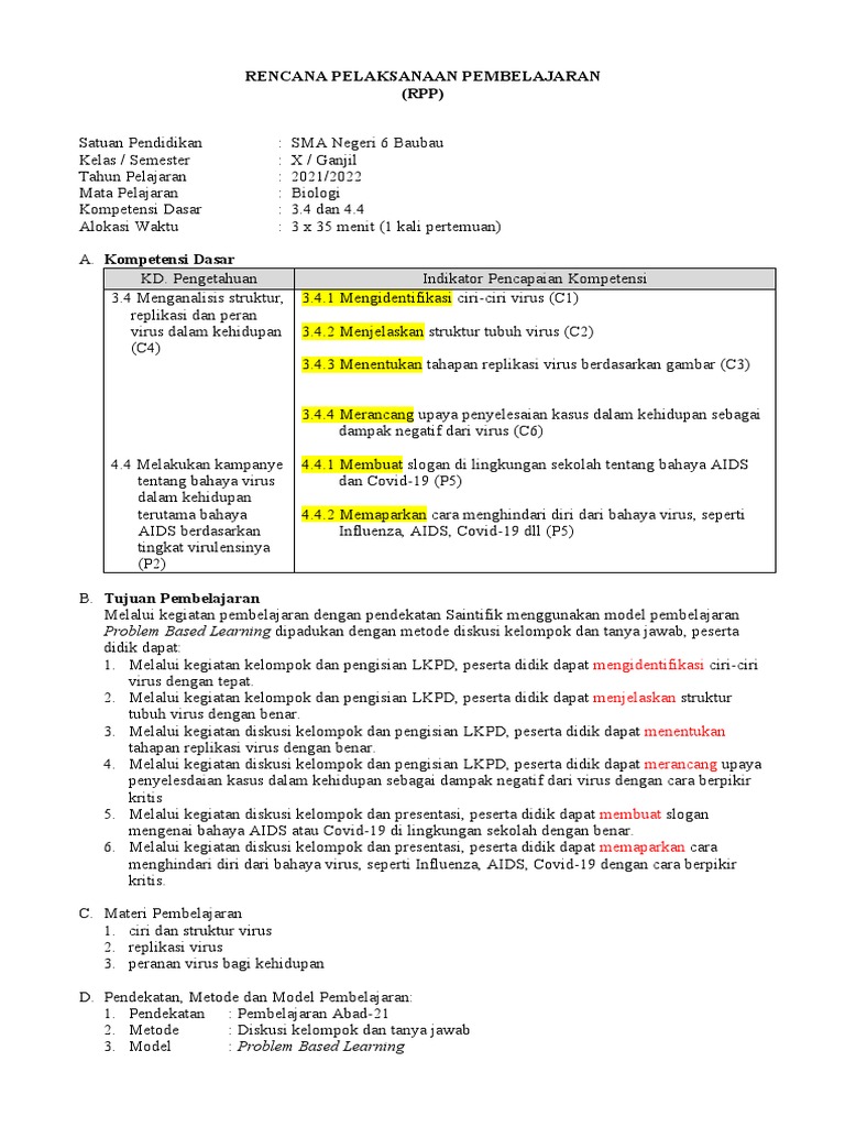 RPP Pembelajaran Virus Kelas X PBL | PDF