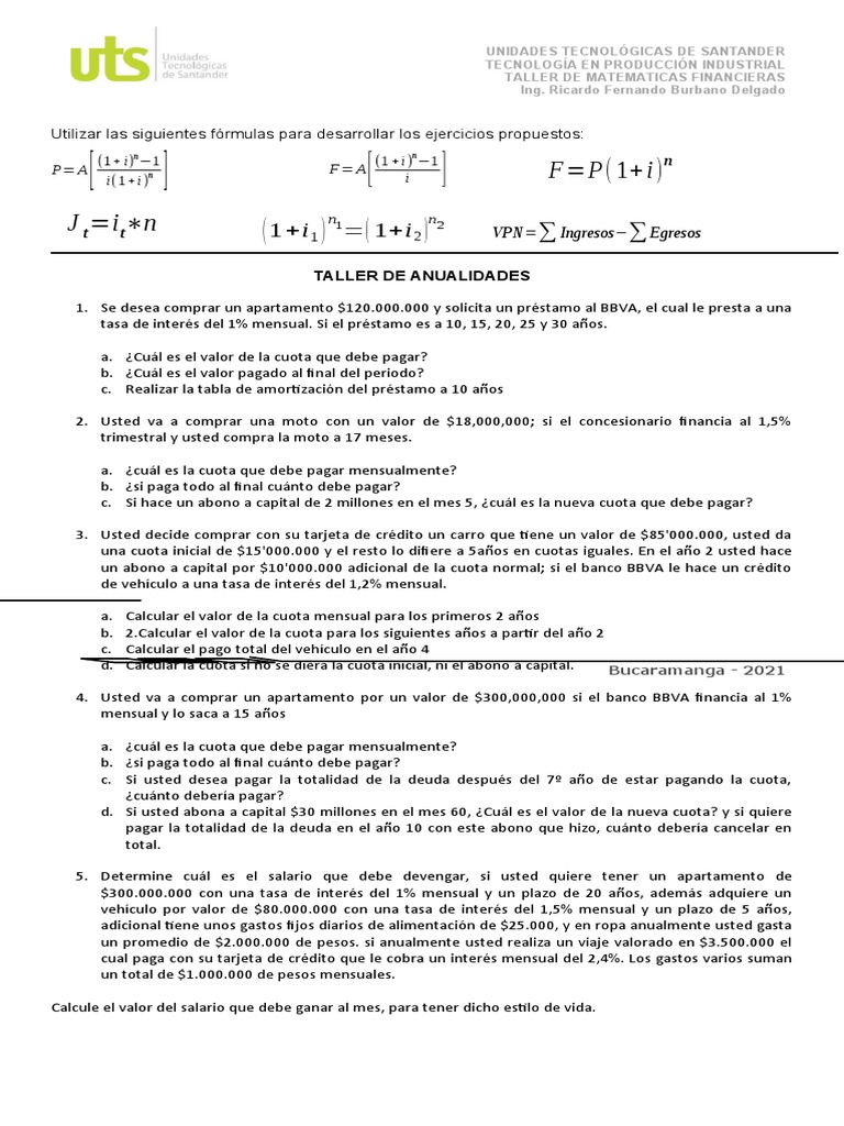 Taller de Matemáticas Financieras | PDF | Crédito | Finanzas y dinero