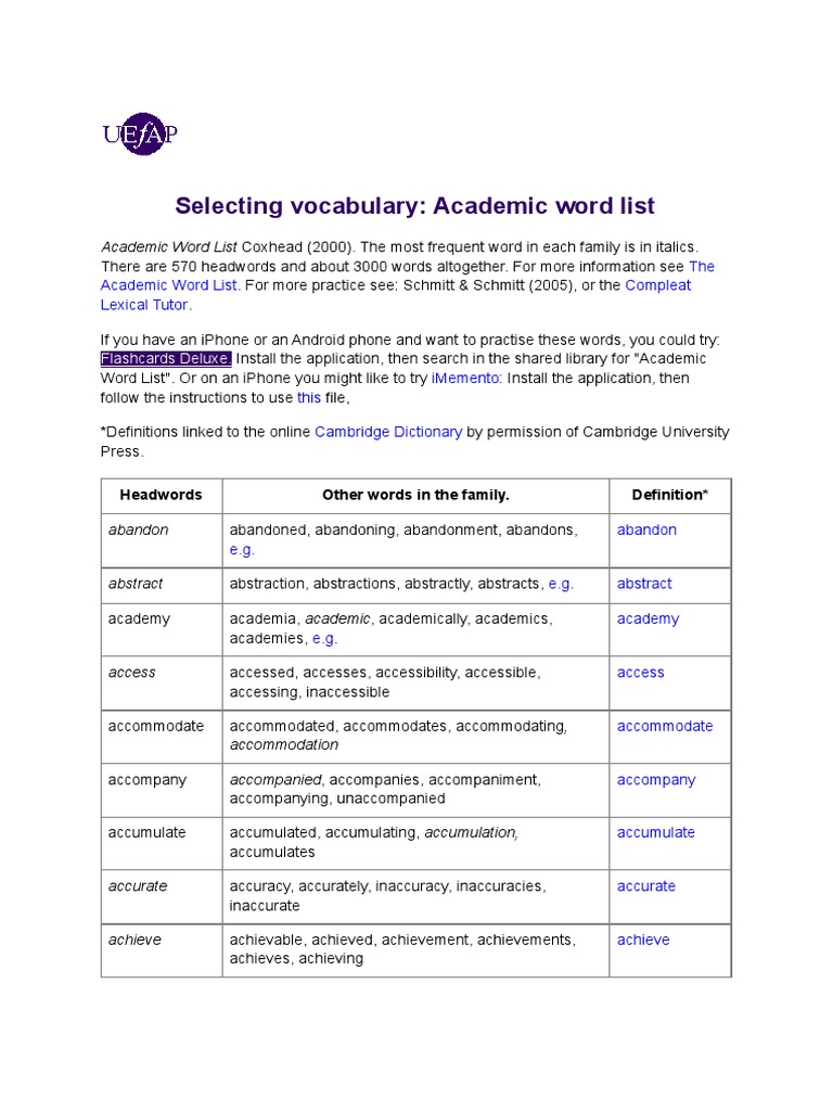 Academic Word List PDF Hypothesis