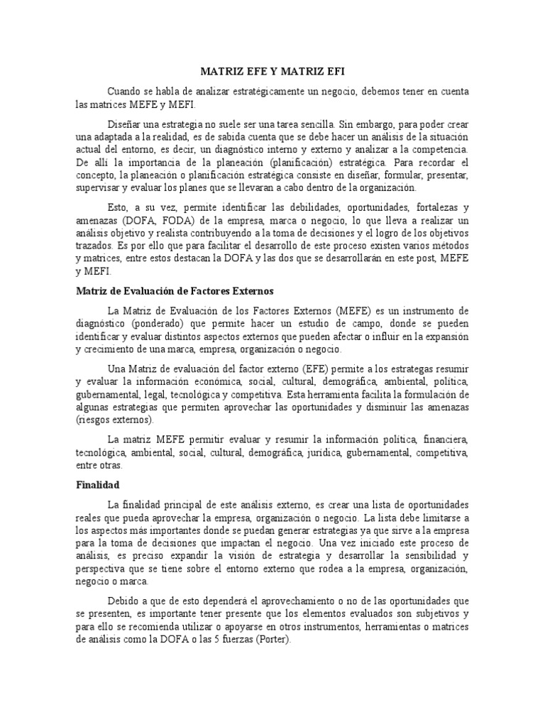 Análisis de Matrices MEFE y MEFI | PDF | Análisis FODA | Cognición
