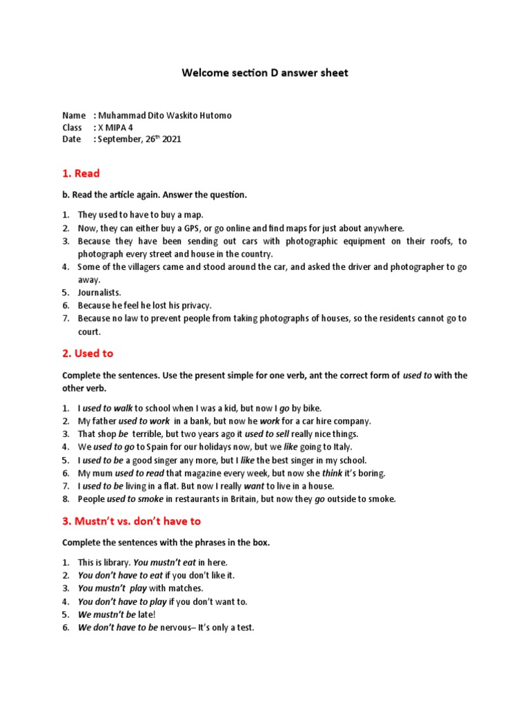 Welcome Section D Answer Sheet | PDF | Linguistics | Linguistic Typology