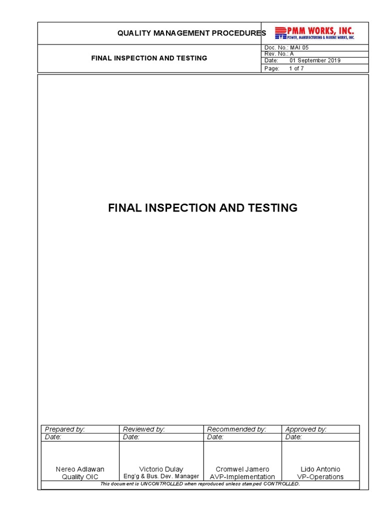 Final Inspection and Testing Quality Management Procedures PDF