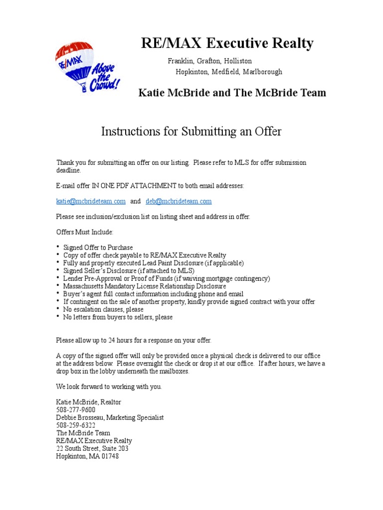 RE/MAX Executive Realty Instructions For Submitting An Offer PDF