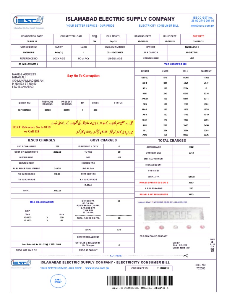 Analysis of an Electricity Bill from Islamabad Electric Supply Company Detailing Charges and