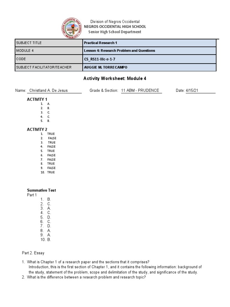 Activity Worksheet: Module 4: Cs - Rs11-Iiic-E-1-7 | PDF | Teaching ...