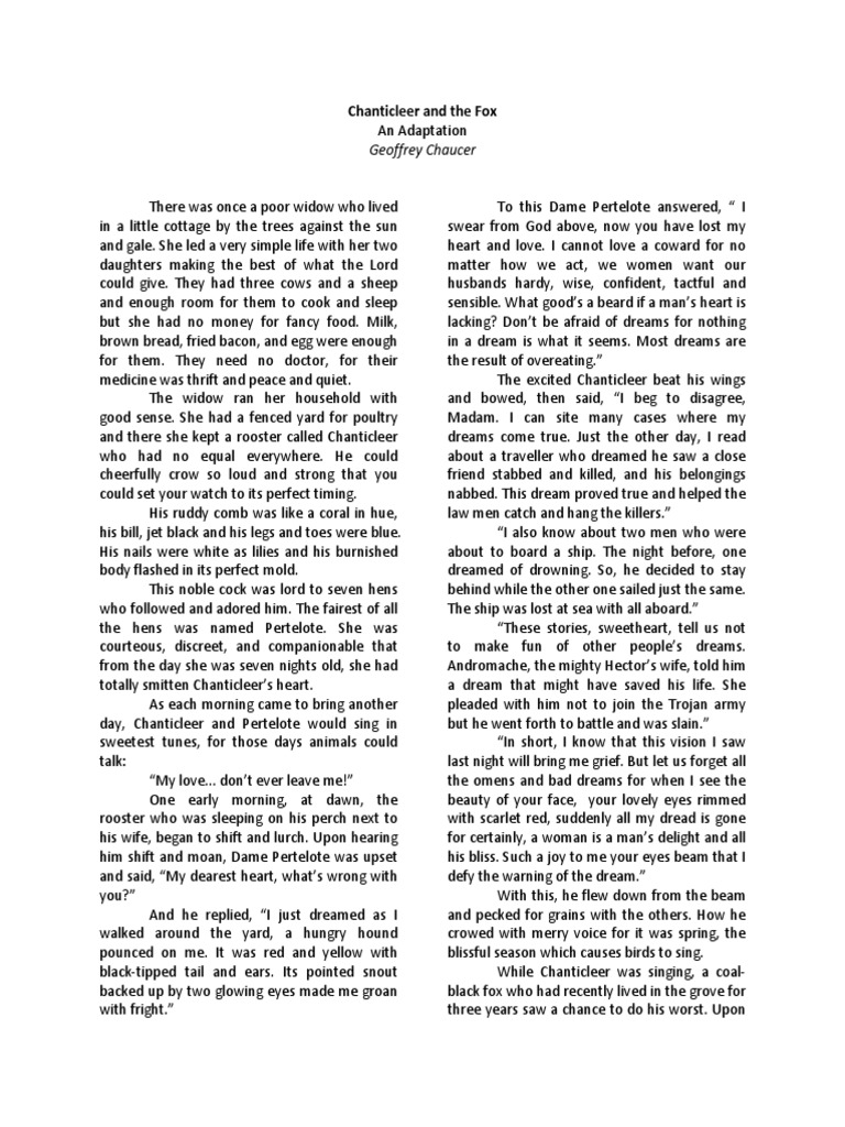 Chanticleer's Dream An Adaptation of Geoffrey Chaucer's "The Nun's