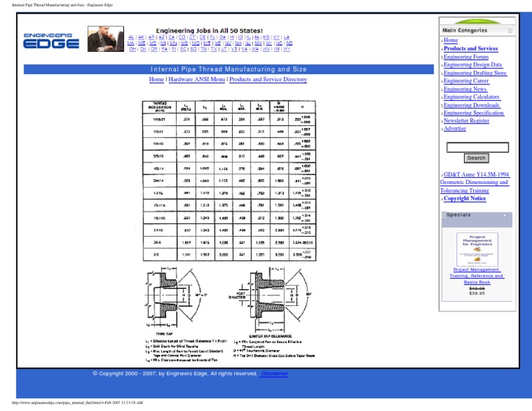 Internal Pipe Thread Manufacturing and Size - Engineers Edge | PDF ...