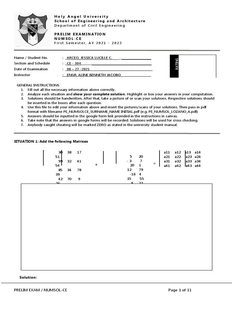 Prelim Exam: Numsol-CE Solutions | PDF | Equations | Mathematical Concepts
