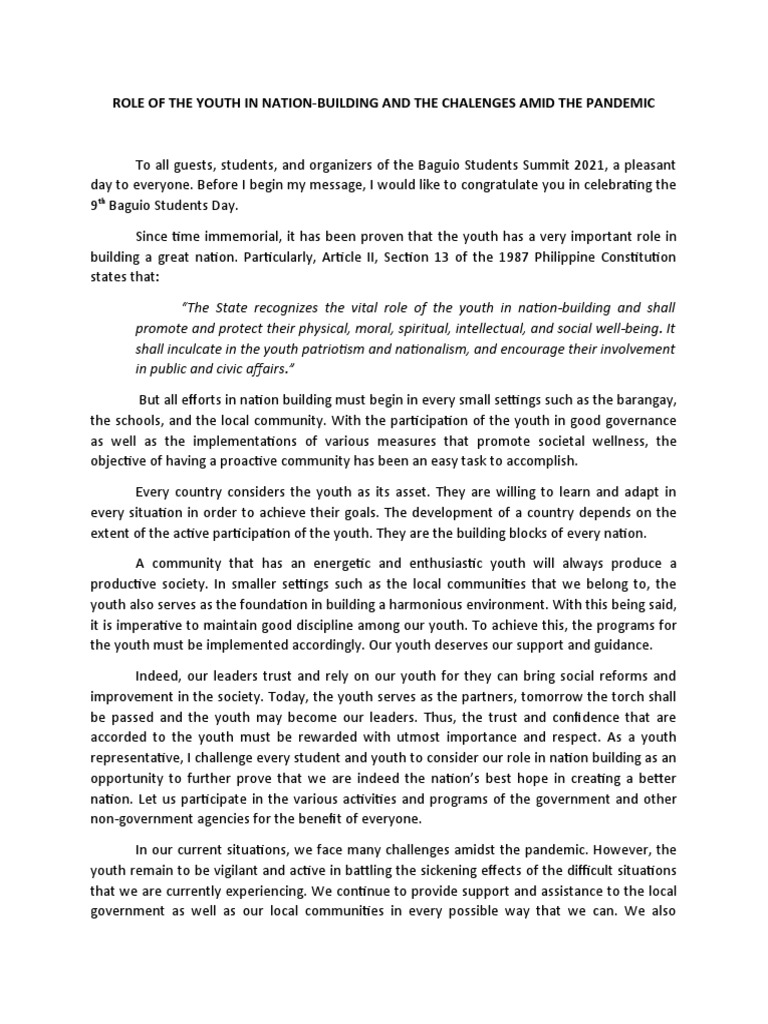 Speech Role of The Youth in Nation Building | PDF | Human Nature