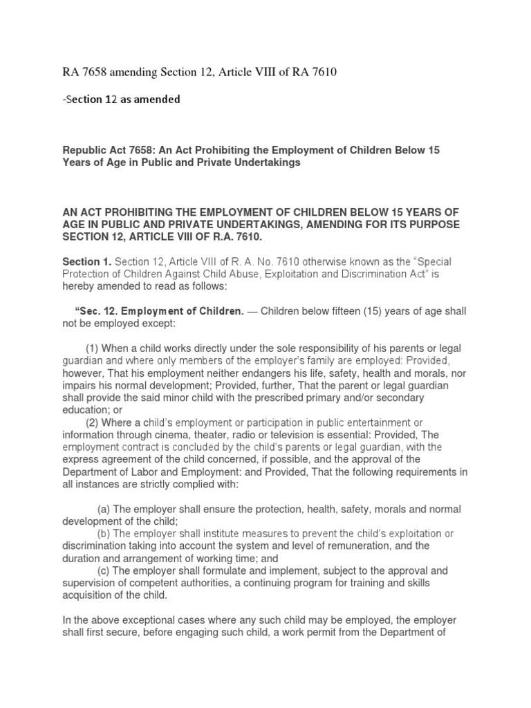 RA 7658 Amending Section 12, Article VII of RA 7610 | PDF | Employment ...