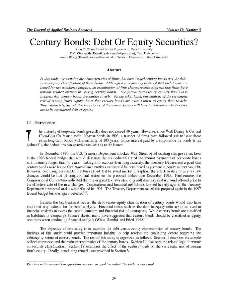 Century Bonds Debt or Equity Securities? PDF Bonds (Finance