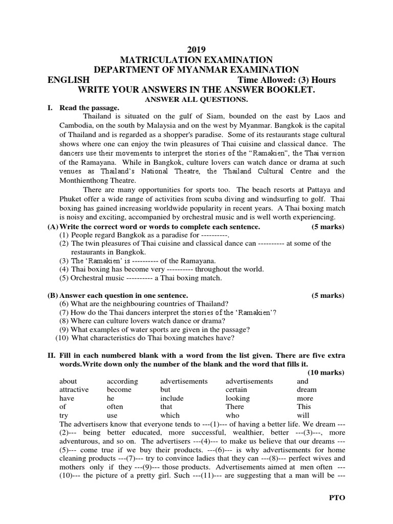 ME 2019 Eng Sample Question | PDF | Thailand | Malaria