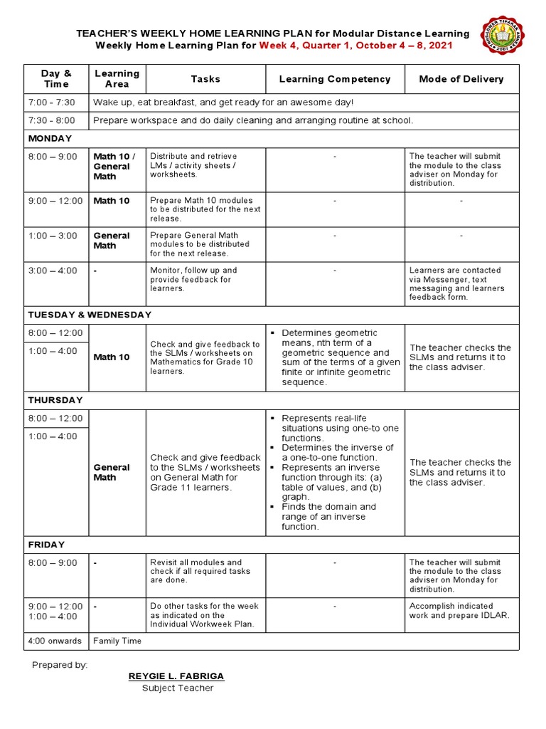 Weekly Home Learning Plan: Math Focus | PDF | Function (Mathematics ...