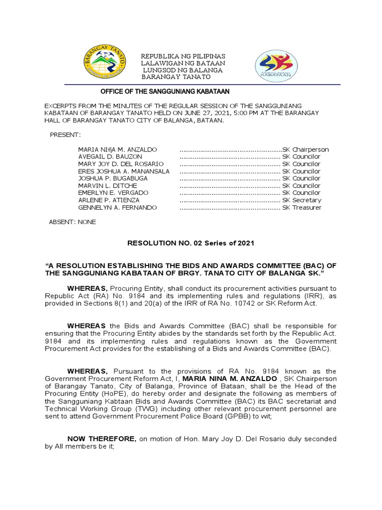 Establishing the bids and awards committee of barangay tanato s