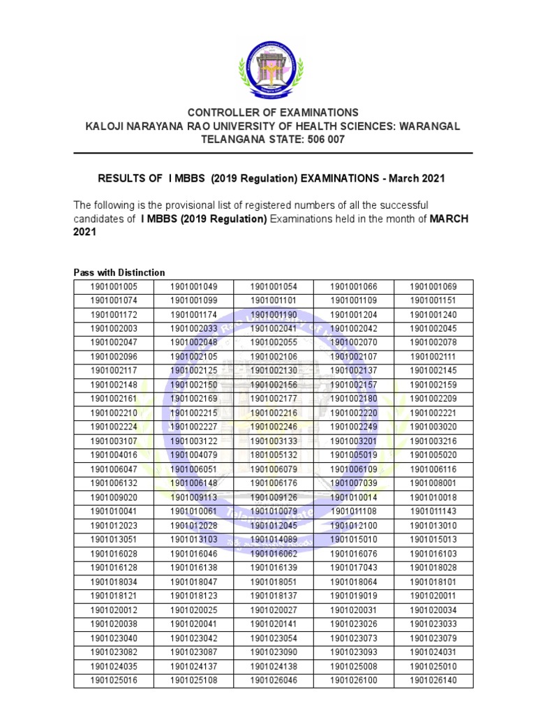 KNRUHS MBBS 1st Year Results 2025 | PDF | Health Care
