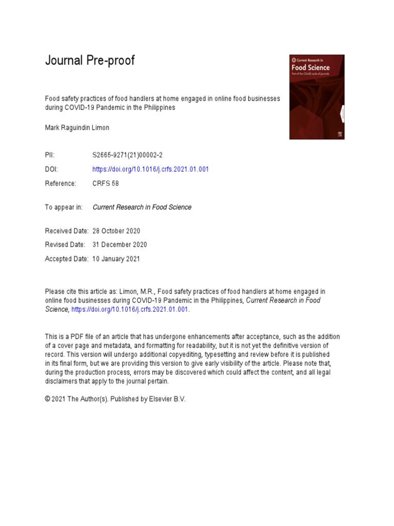 Journal Pre-Proof: Current Research in Food Science | PDF | Survey ...