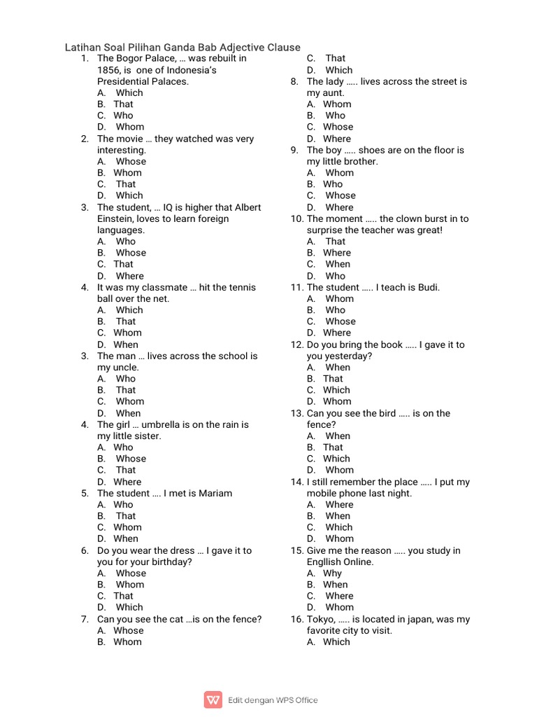 Soal Pilihan Ganda Adjective Clause | PDF | Philosophy | Young Adult