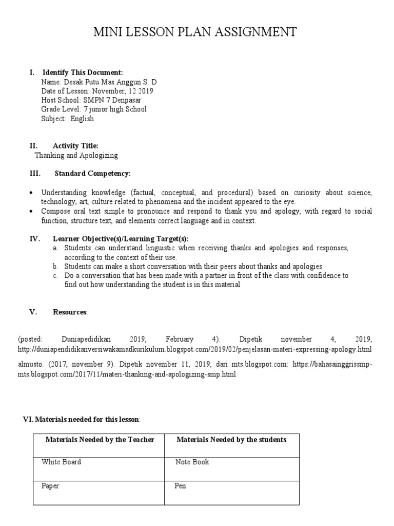 Mini Lesson Plan Assignment: I. Identify This Document | PDF | Teachers ...
