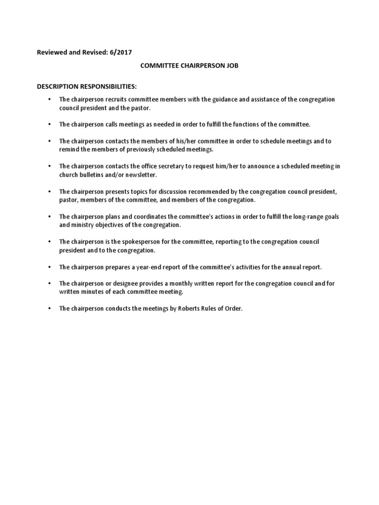 Reviewed and Revised 6/2017 Committee Chairperson Job Description Responsibilities PDF