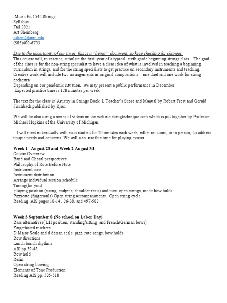 Strings Teaching Syllabus Fall 2021 | PDF | String Instruments ...