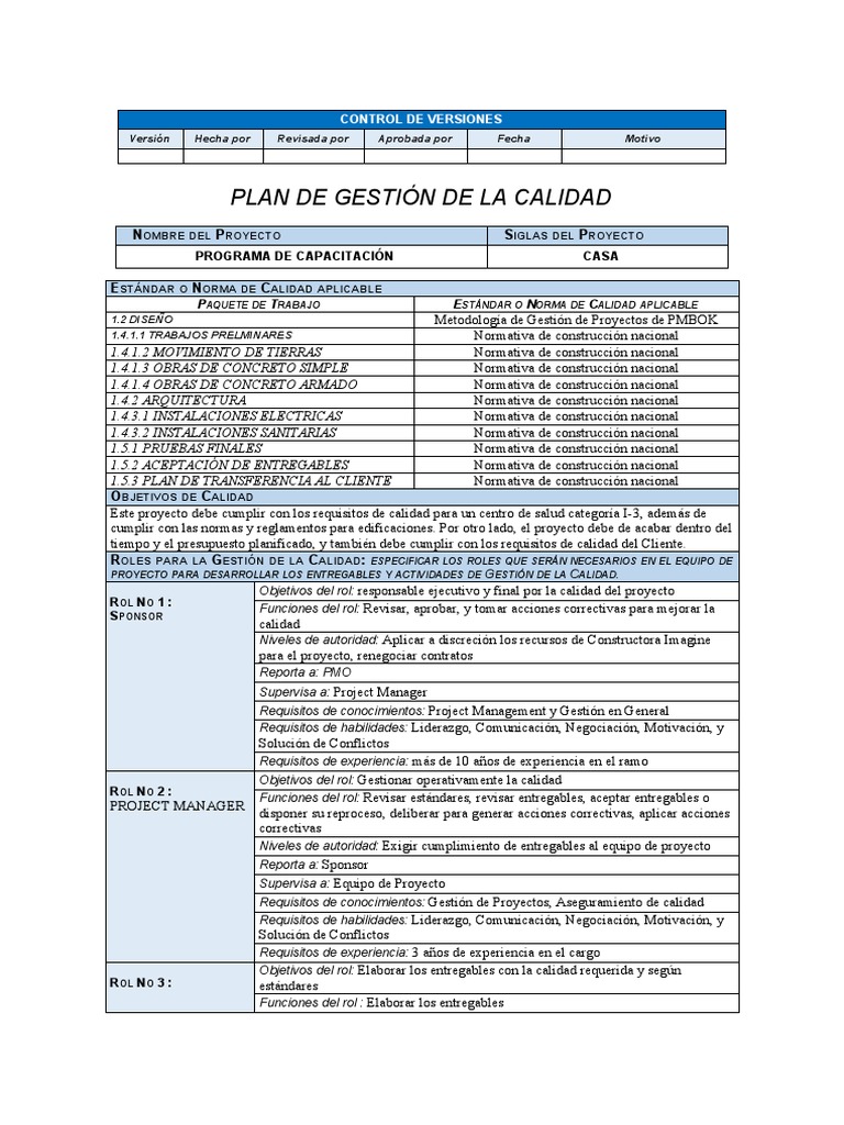 Plan de Aseguramiento y Control de Calidad | PDF | Gestión de proyectos ...