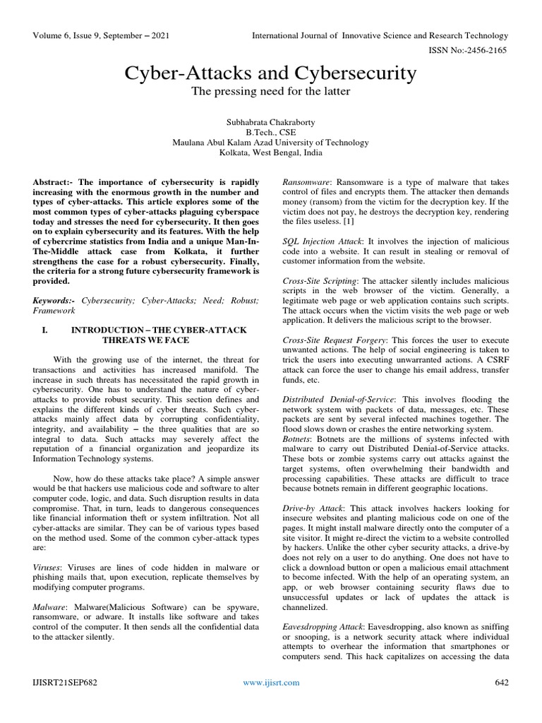 Cyber Attacks And Cybersecurity The Pressing Need For The Latter Pdf