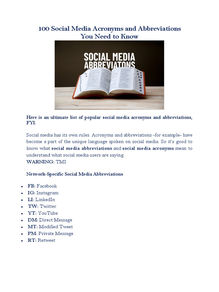 100 Social Media Acronyms and Abbreviations PDF Popular Culture
