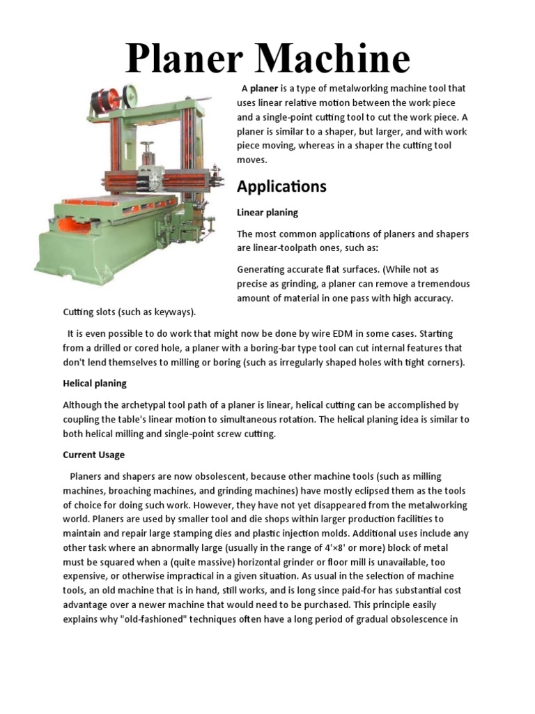 Planer Machine: Applications | PDF | Metalworking | Equipment