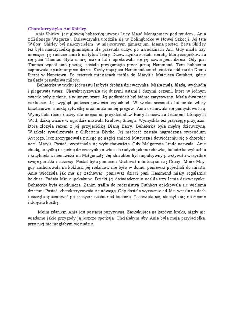 Charakterystyka Ani Z Zielonego Wzgorza Praca Klasowa