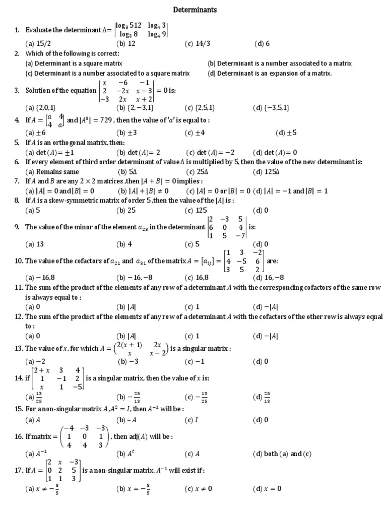 Determinants MCQ 2021 PDF Determinant Matrix (Mathematics)
