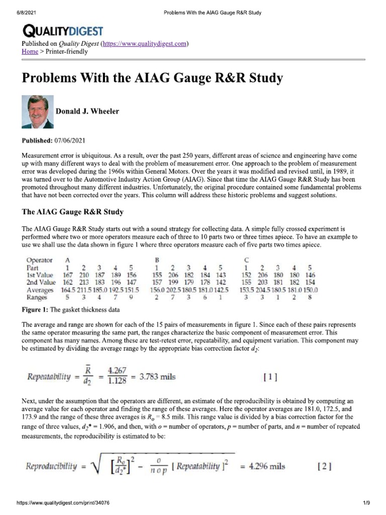 Donald Wheeler Problems With The AIAG Gauge RR Study | PDF