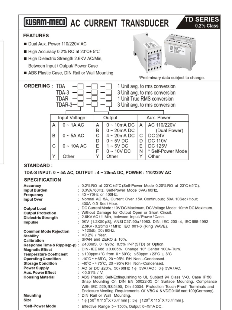 AC Current Transducer Kusam Meco PDF Alternating Current Direct