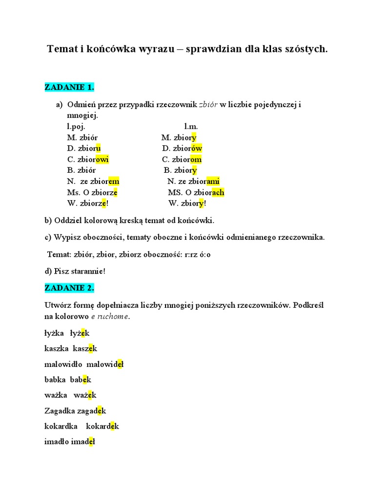 Temat I Koncowka Rzeczownika Sprawdzian Klasa 5