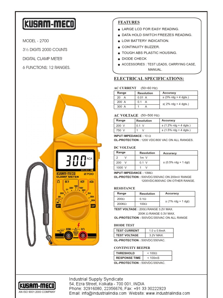 Digital Clamp Meter Kusam Meco 2700 PDF Electric Power Electronics
