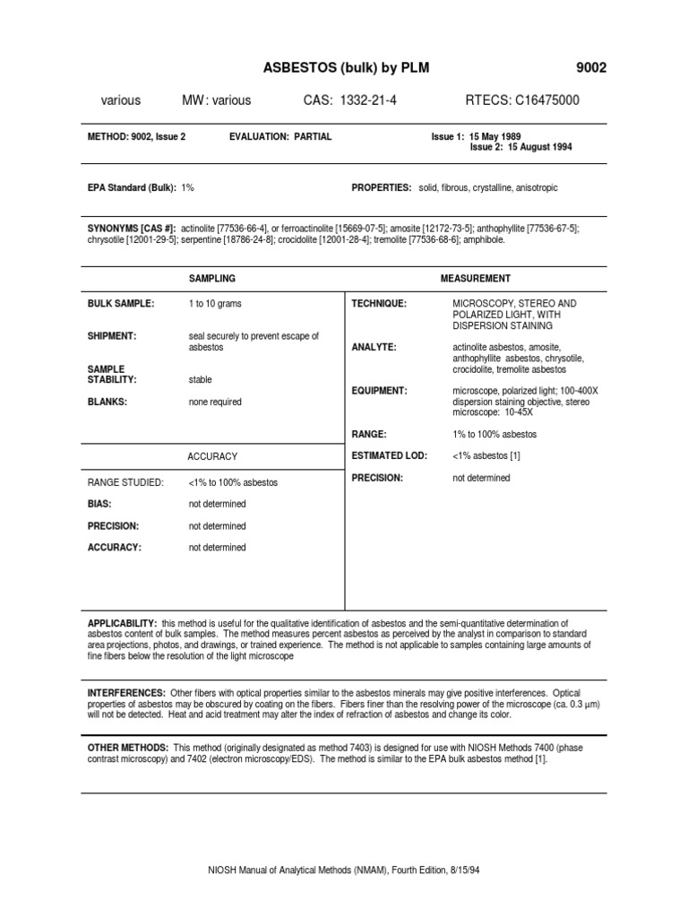 Asbestos bulk by plm 9002 various mw various cas 1332 21 4 rtecs