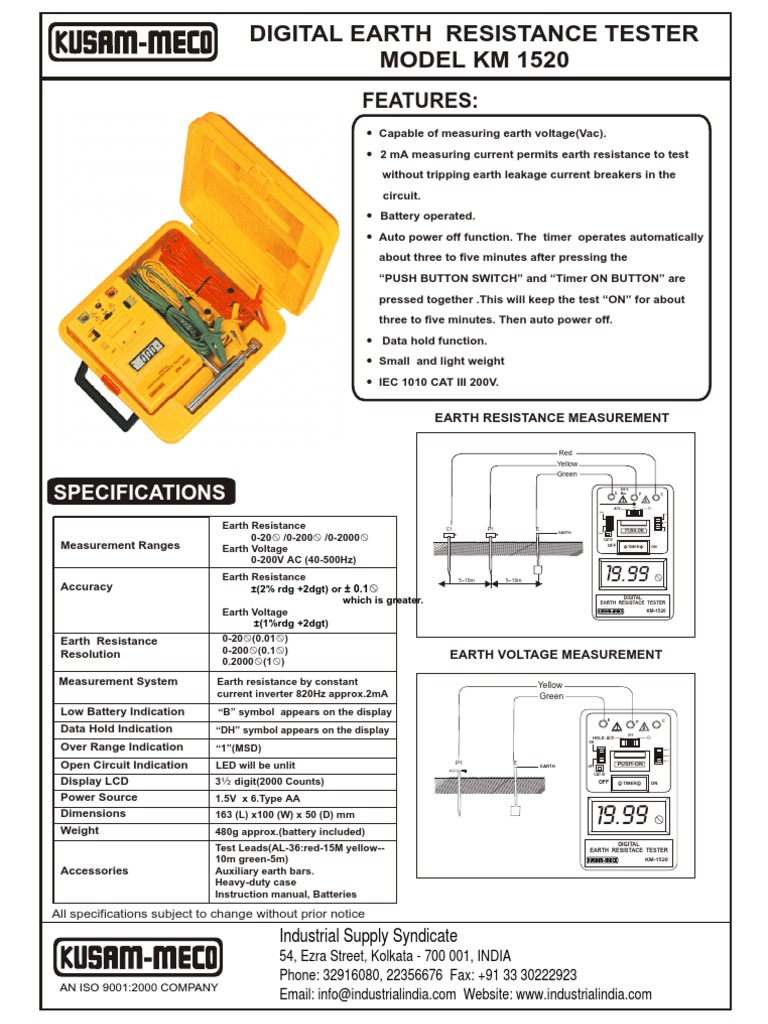 Terminal Digital Earth Resistance Tester, Model KM 1520,, 46 OFF