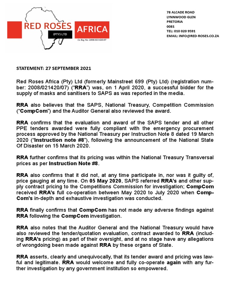 RRA Compliance Statement on SAPS Tender | PDF | Government | Business