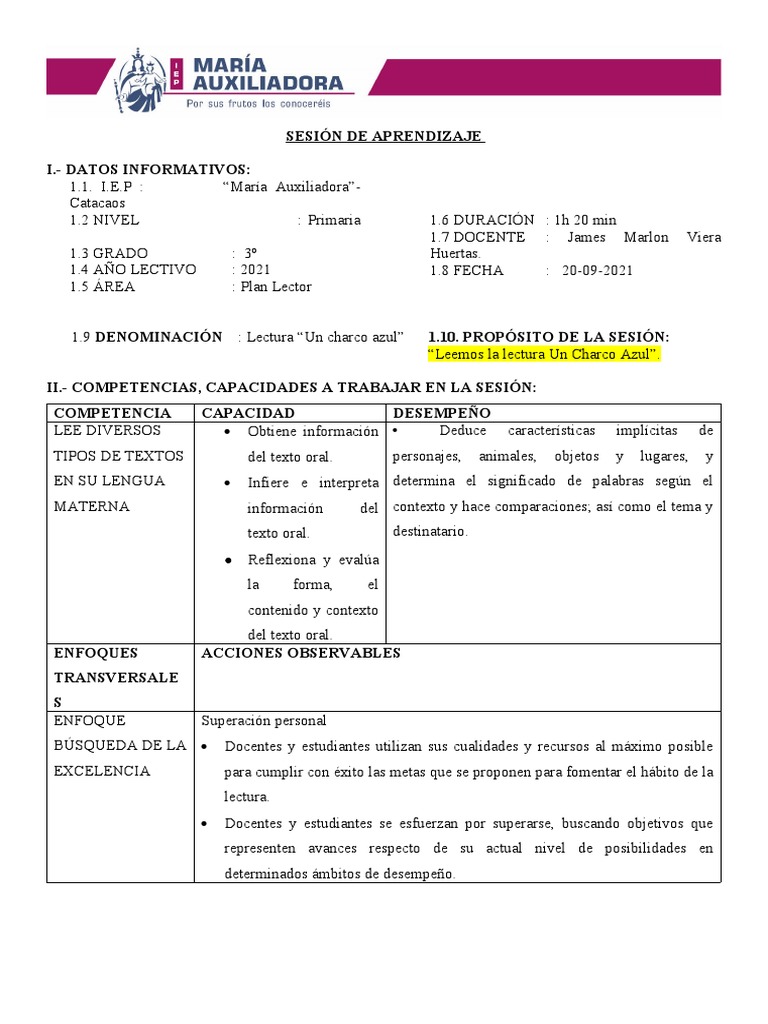 Sesion de Aprendizaje Plan Lector - El Charco Azul | PDF | Cognición ...