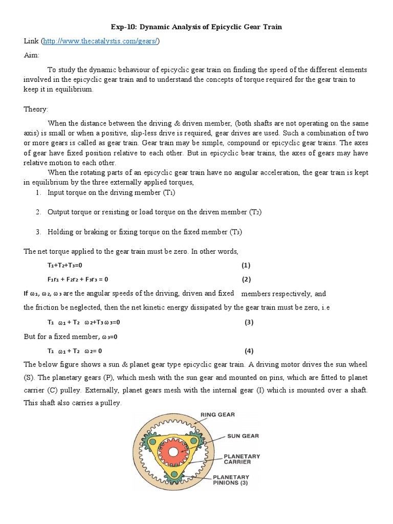 Ex 10 Epicyclic Gear Train PDF Rotation Around A Fixed Axis Torque