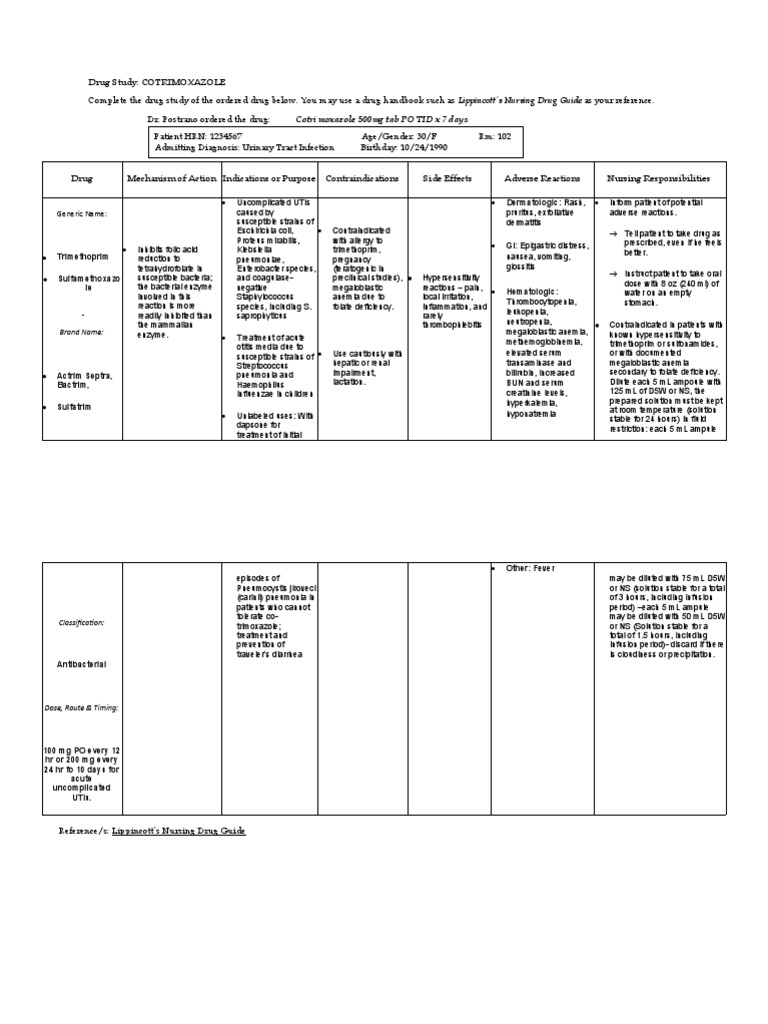 Drug Study Cotrimoxazole Cotrimoxazole 500mg Tab PO TID X 7 Days