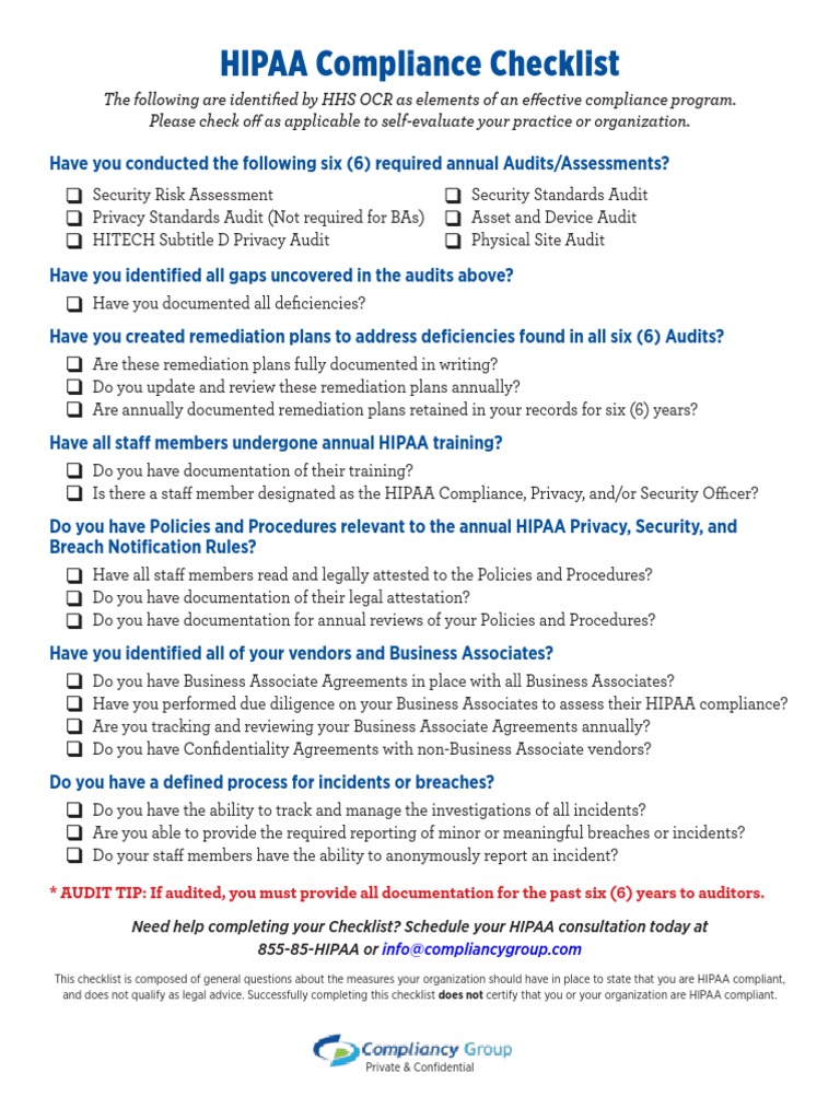 HIPAA Compliance Self-Audit Checklist | PDF | Health Insurance ...